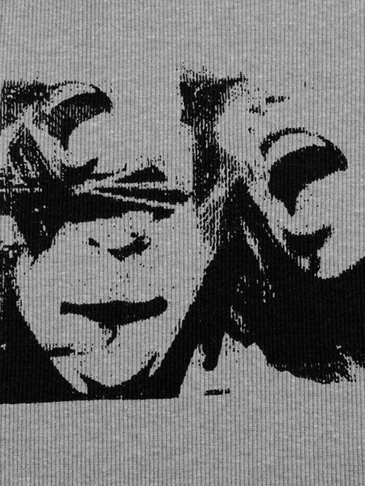 Y2K Street Portrait Print Raglan Ribbed Long Sleeve Knit - Coquette Aesthetic Grunge Style