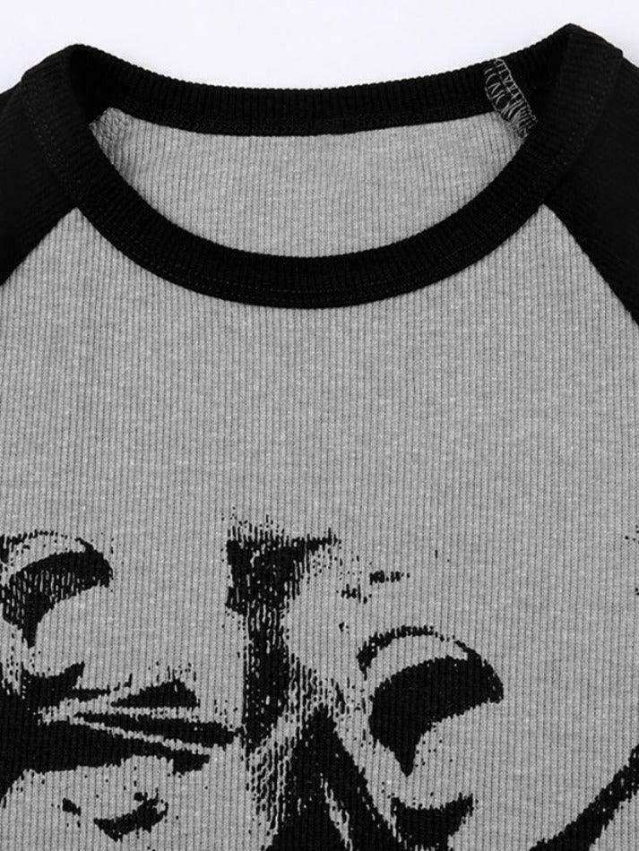 Y2K Street Portrait Print Raglan Ribbed Long Sleeve Knit - Coquette Aesthetic Grunge Style