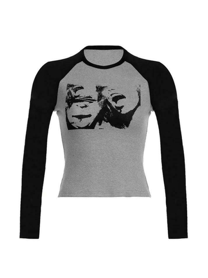 Y2K Street Portrait Print Raglan Ribbed Long Sleeve Knit - Coquette Aesthetic Grunge Style