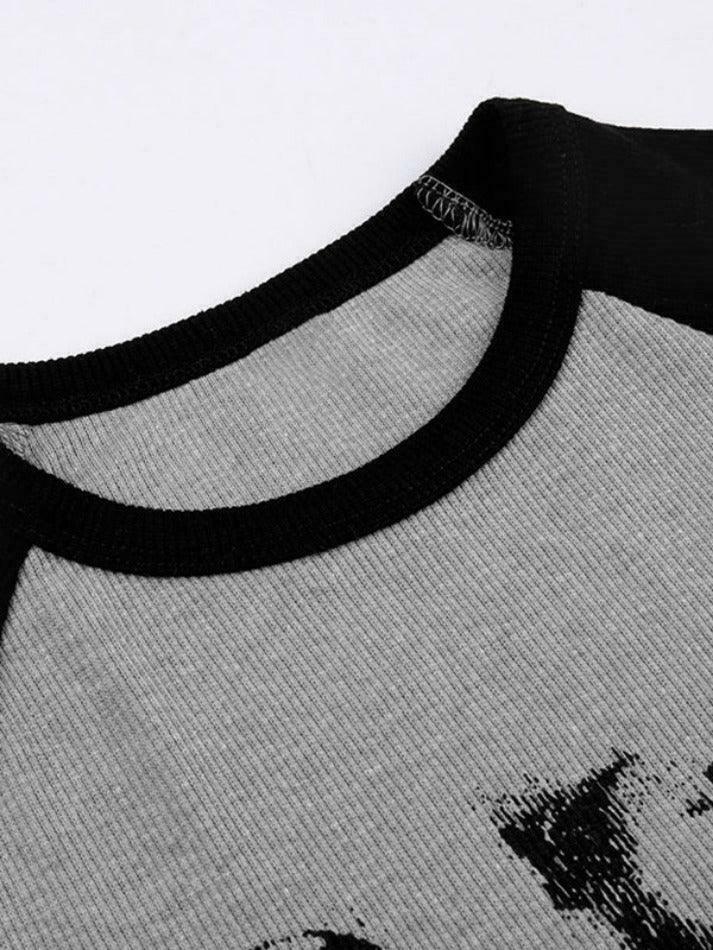 Y2K Street Portrait Print Raglan Ribbed Long Sleeve Knit - Coquette Aesthetic Grunge Style