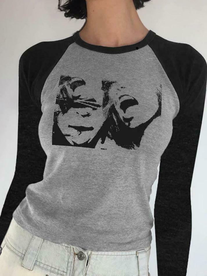 Y2K Street Portrait Print Raglan Ribbed Long Sleeve Knit - Coquette Aesthetic Grunge Style