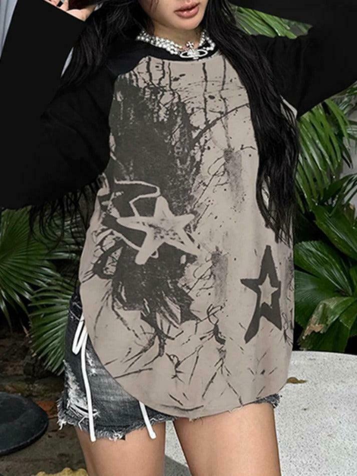 Y2K Street Star Print Raglan Oversized Long Sleeve Tee - Coquette Aesthetic Grunge Style