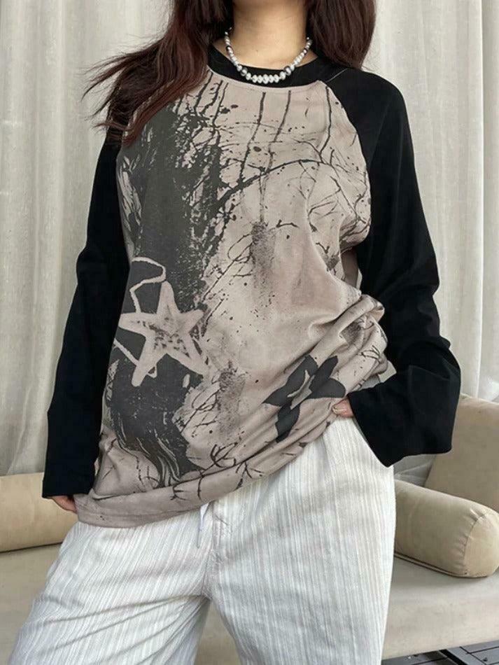 Y2K Street Star Print Raglan Oversized Long Sleeve Tee - Coquette Aesthetic Grunge Style