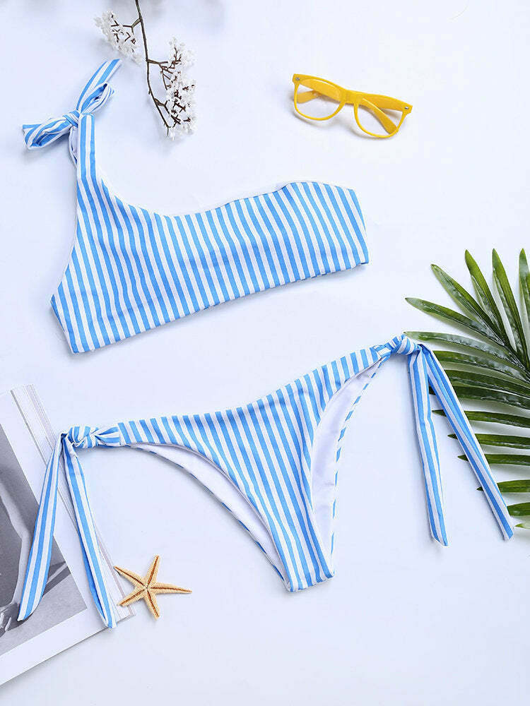 Y2K Stripe Blue Bowknot Bikini: Coquette Aesthetic One-Shoulder Swimsuit for Women