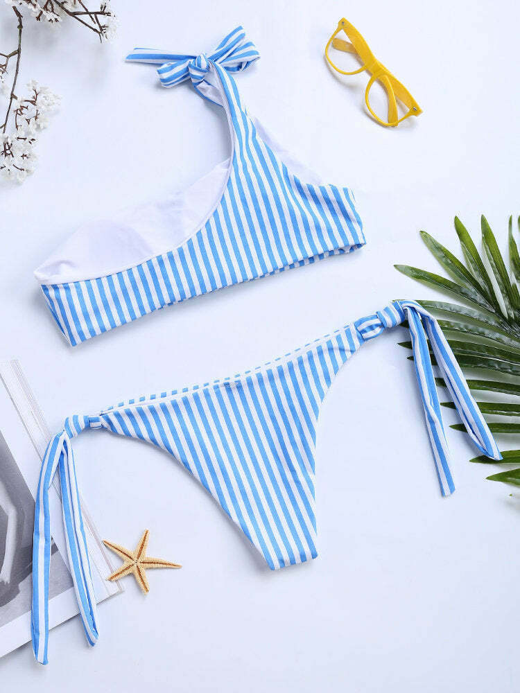 Y2K Stripe Blue Bowknot Bikini: Coquette Aesthetic One-Shoulder Swimsuit for Women
