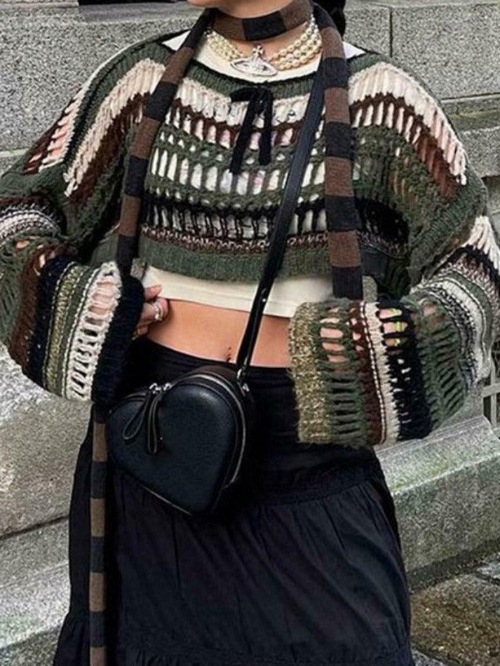 Y2K Stripe Cutout Crochet Top: Coquette Aesthetic Grunge Style, Cute Pastel Goth Fashion