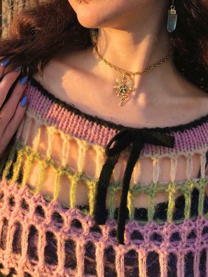 Y2K Stripe Cutout Crochet Top: Coquette Aesthetic Grunge Style, Cute Pastel Goth Fashion