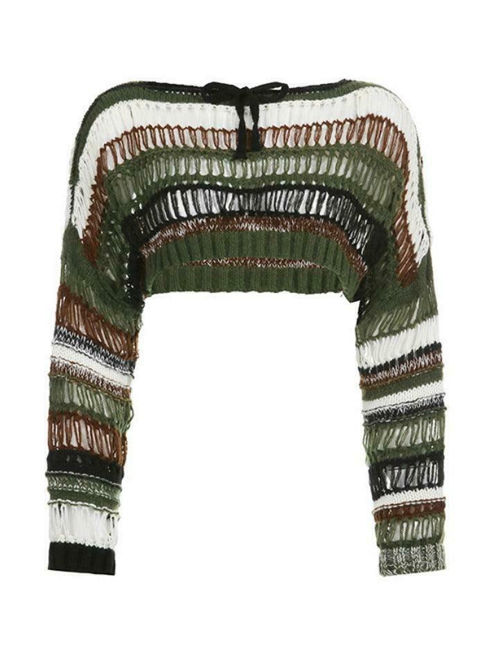 Y2K Stripe Cutout Crochet Top: Coquette Aesthetic Grunge Style, Cute Pastel Goth Fashion