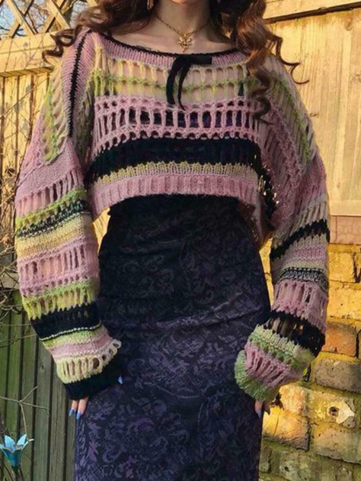 Y2K Stripe Cutout Crochet Top: Coquette Aesthetic Grunge Style, Cute Pastel Goth Fashion