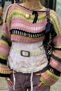 Y2K Stripe Cutout Crochet Top: Coquette Aesthetic Grunge Style, Cute Pastel Goth Fashion