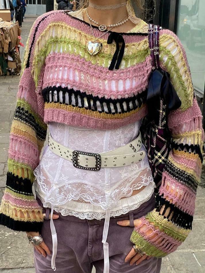 Y2K Stripe Cutout Crochet Top: Coquette Aesthetic Grunge Style, Cute Pastel Goth Fashion