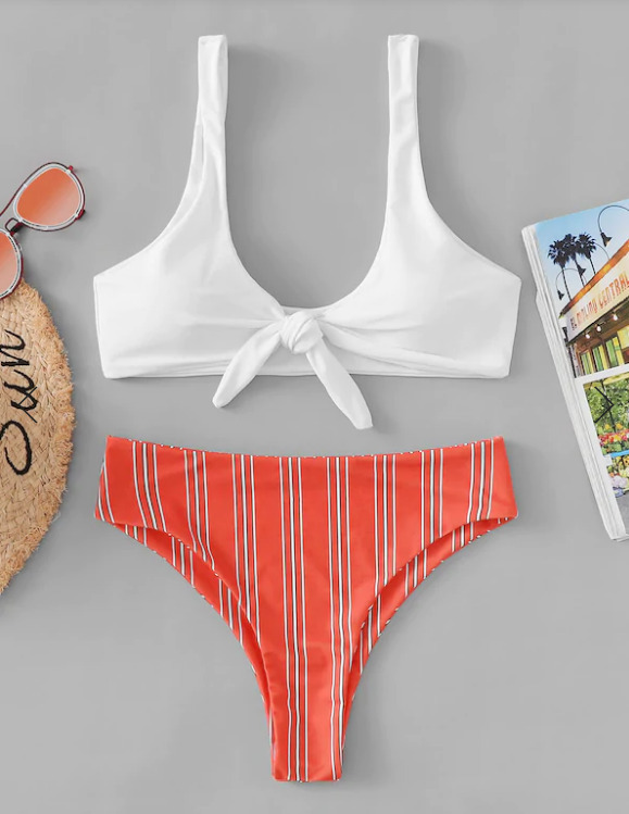 Y2K Striped Bikini Set with Front Knot - Coquette Aesthetic Swimwear