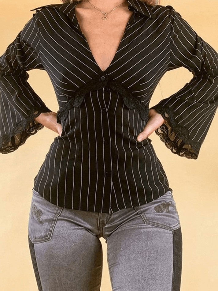 Y2K Striped Lace Panel Long Sleeve Blouse: Coquette Aesthetic, Grunge Style, Pastel Goth