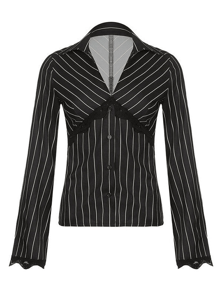 Y2K Striped Lace Panel Long Sleeve Blouse: Coquette Aesthetic, Grunge Style, Pastel Goth