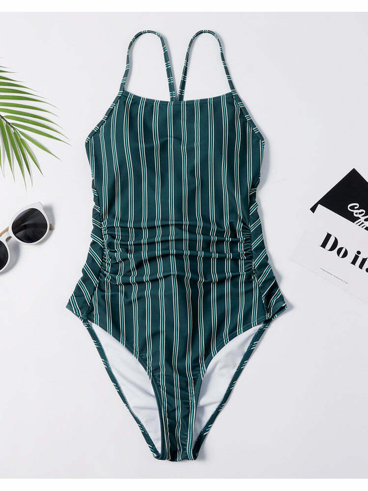 Y2K Striped Lace Up Cami Swimsuit - Coquette Aesthetic Beachwear