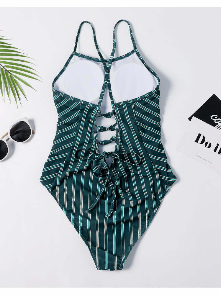 Y2K Striped Lace Up Cami Swimsuit - Coquette Aesthetic Beachwear