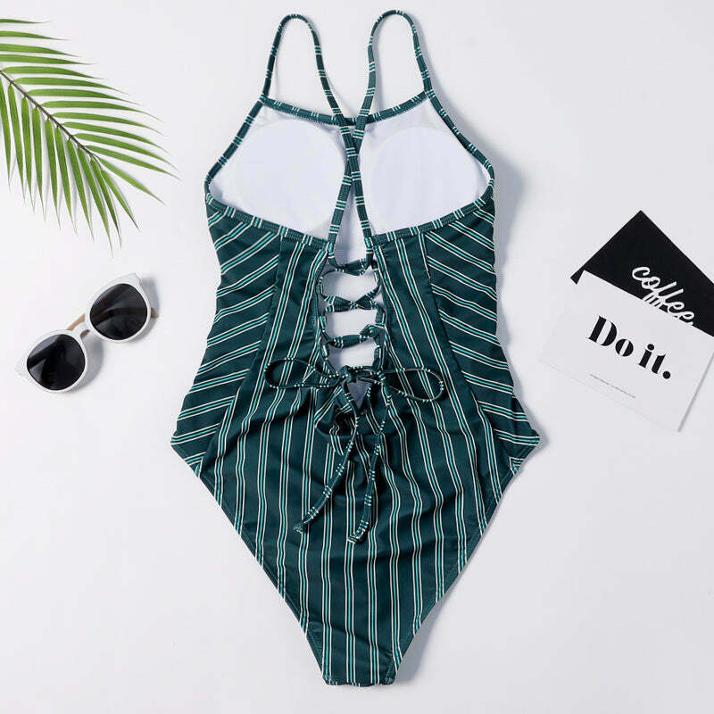 Y2K Striped Lace Up Cami Swimsuit - Coquette Aesthetic Beachwear