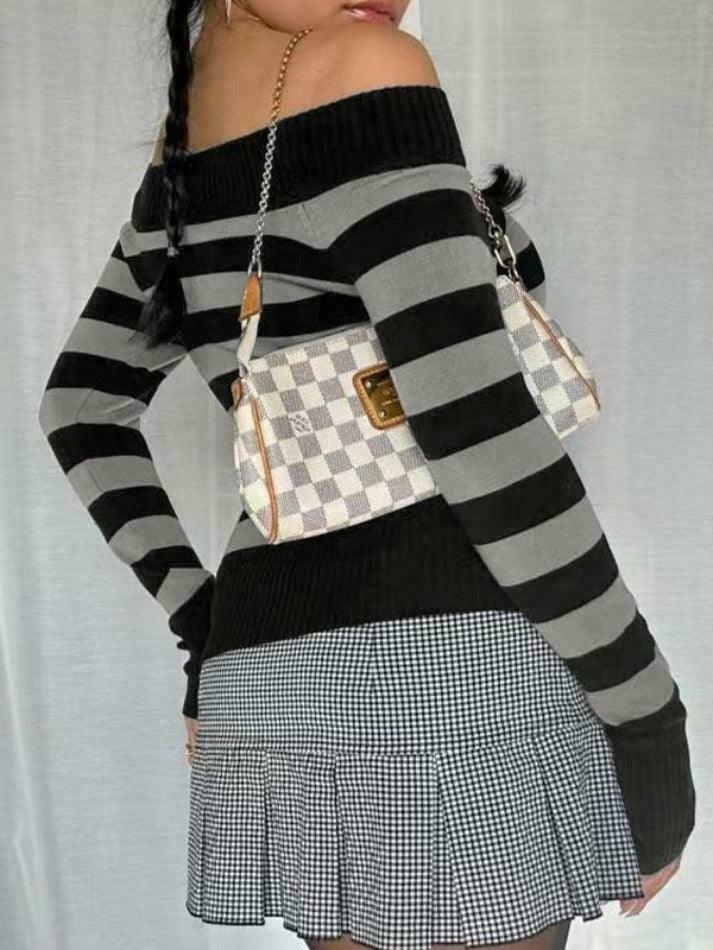 Y2K Striped Off Shoulder Knit Top - Coquette Aesthetic Grunge Style