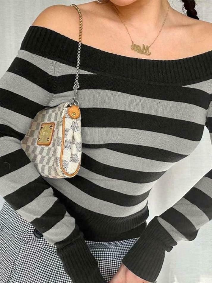 Y2K Striped Off Shoulder Knit Top - Coquette Aesthetic Grunge Style