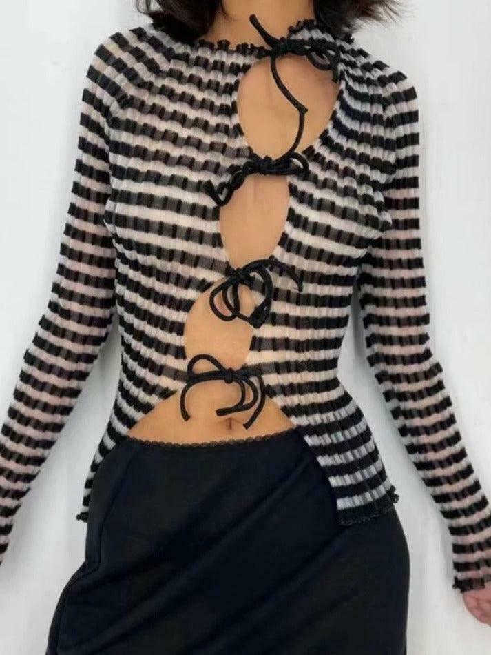 Y2K Striped Ribbed Knit Top: Coquette Grunge Aesthetic with Pastel Goth Influence