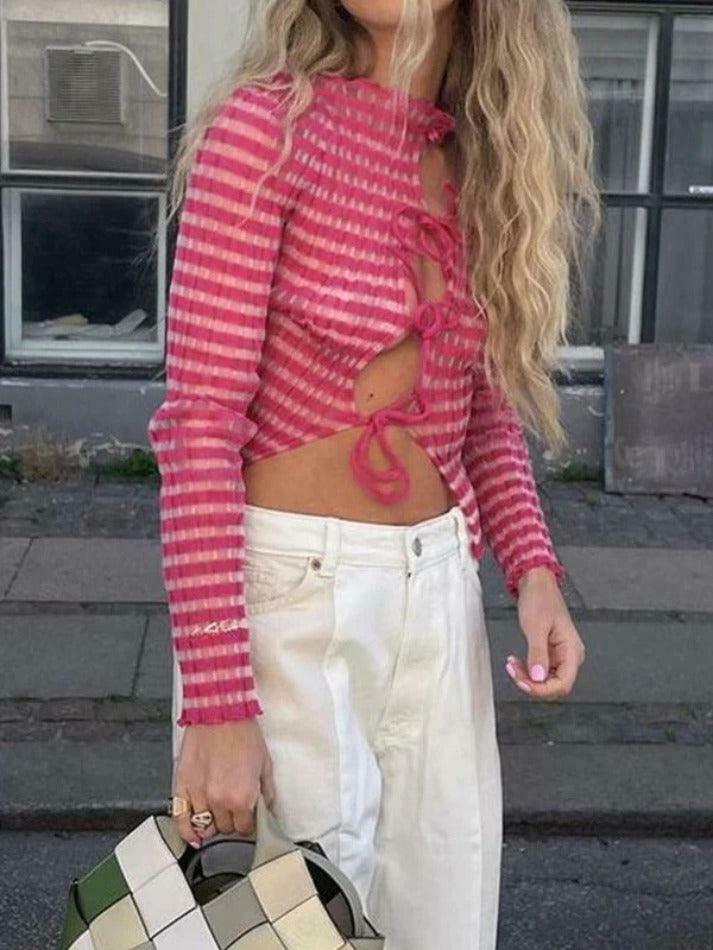 Y2K Striped Ribbed Knit Top: Coquette Grunge Aesthetic with Pastel Goth Influence