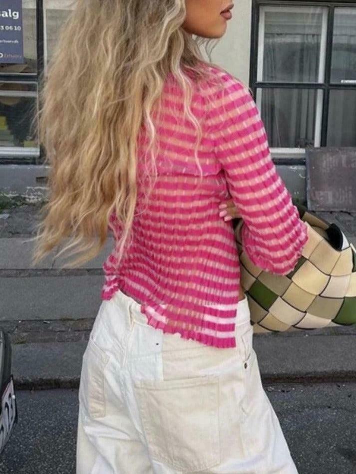 Y2K Striped Ribbed Knit Top: Coquette Grunge Aesthetic with Pastel Goth Influence