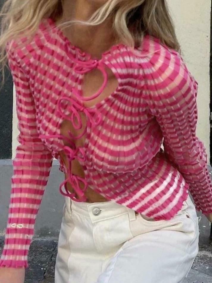 Y2K Striped Ribbed Knit Top: Coquette Grunge Aesthetic with Pastel Goth Influence