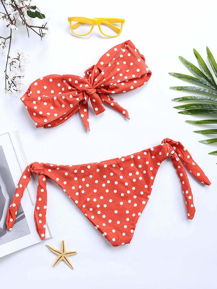 Y2K Style Polka Dot Tie Bikini Swimsuit with Front Bow Detail