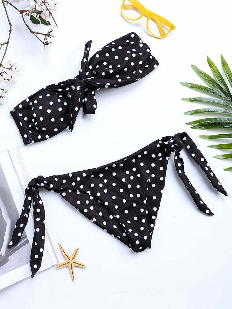 Y2K Style Polka Dot Tie Bikini Swimsuit with Front Bow Detail