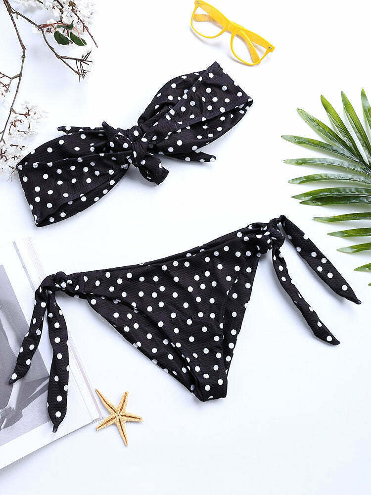 Y2K Style Polka Dot Tie Bikini Swimsuit with Front Bow Detail
