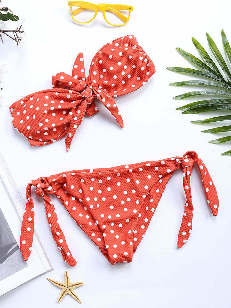 Y2K Style Polka Dot Tie Bikini Swimsuit with Front Bow Detail