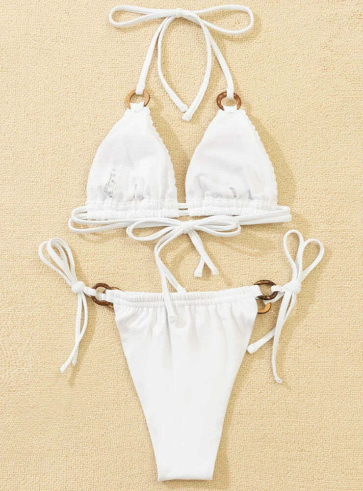 Y2K Style White Lace-Up Bikini - Coquette Aesthetic Grunge Fashion - Cute Tops & Cargo Skirt