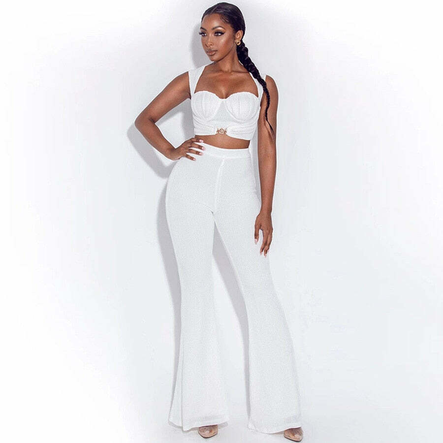 Y2K Sweetheart Flared Pants Set & Matching Top: Coquette Aesthetic Outfit for Women