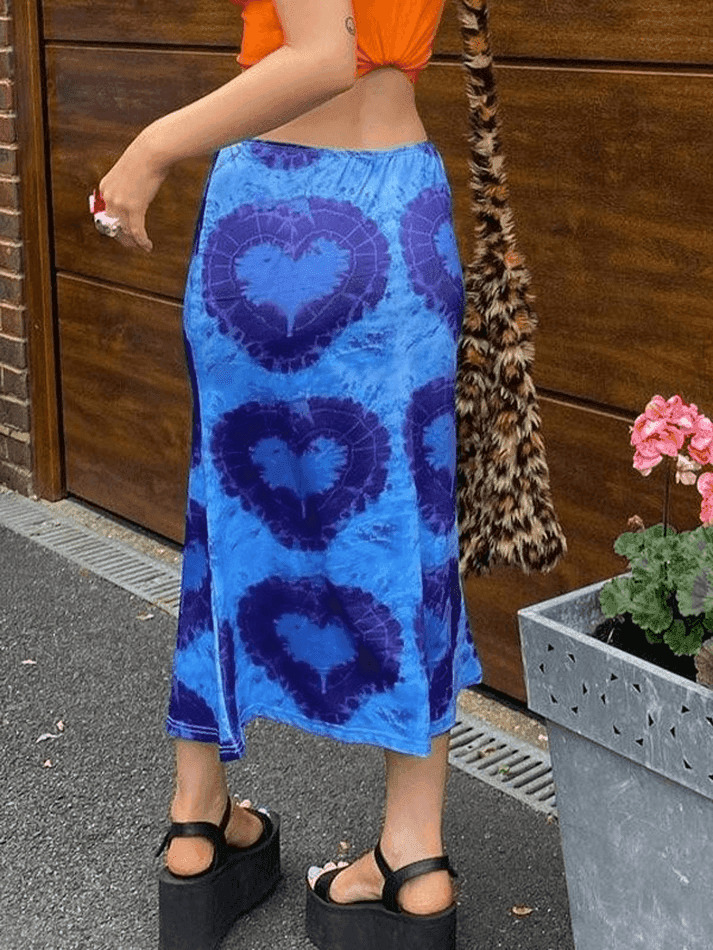 Y2K Tie-Dye Heart Wrap Midi Skirt - Coquette Grunge Aesthetic