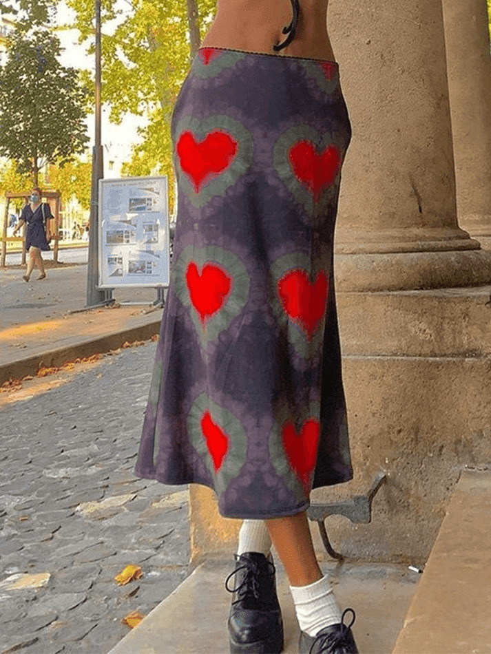 Y2K Tie-Dye Heart Wrap Midi Skirt - Coquette Grunge Aesthetic