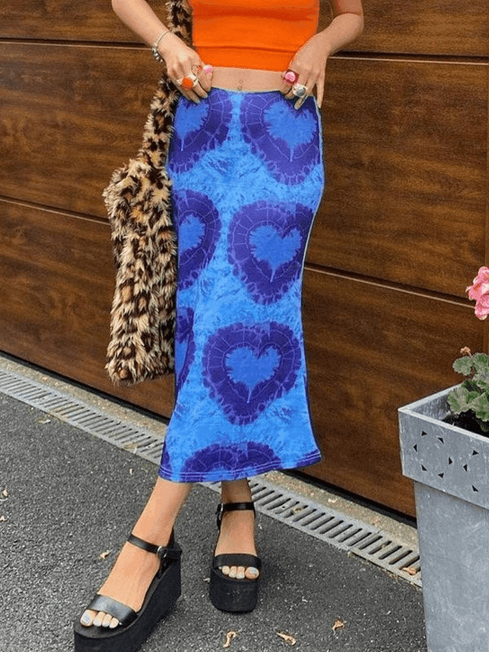 Y2K Tie-Dye Heart Wrap Midi Skirt - Coquette Grunge Aesthetic