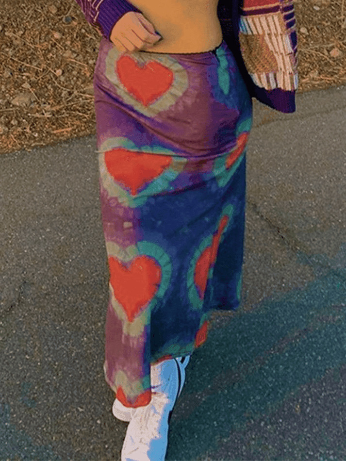Y2K Tie-Dye Heart Wrap Midi Skirt - Coquette Grunge Aesthetic
