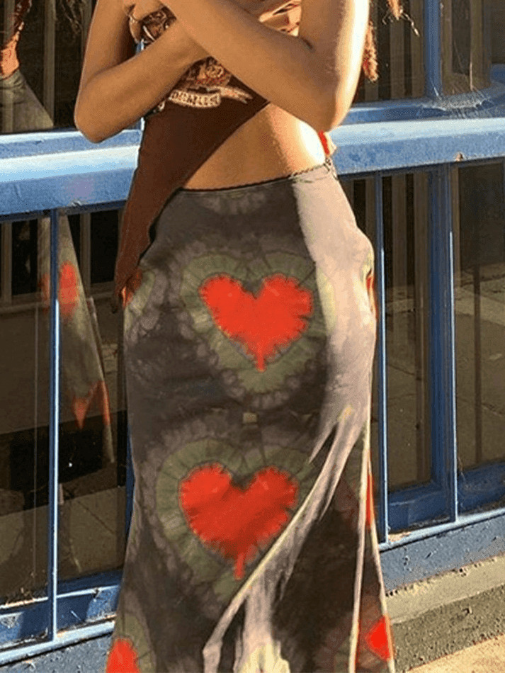 Y2K Tie-Dye Heart Wrap Midi Skirt - Coquette Grunge Aesthetic