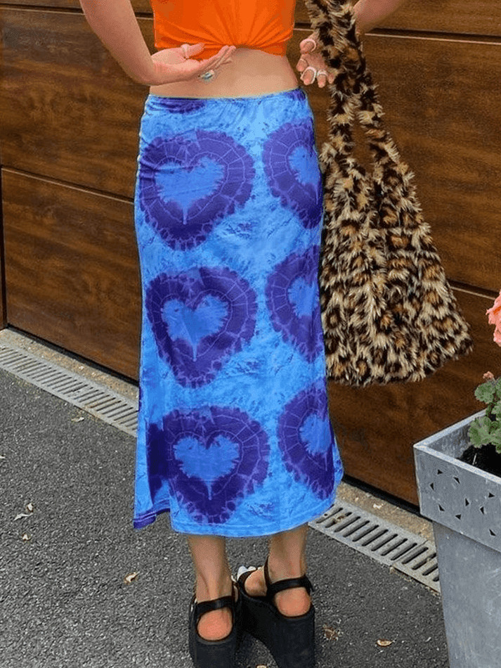 Y2K Tie-Dye Heart Wrap Midi Skirt - Coquette Grunge Aesthetic