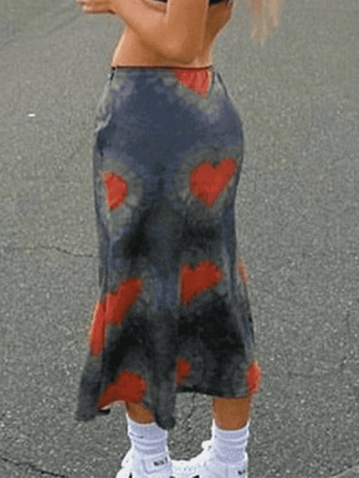Y2K Tie-Dye Heart Wrap Midi Skirt - Coquette Grunge Aesthetic