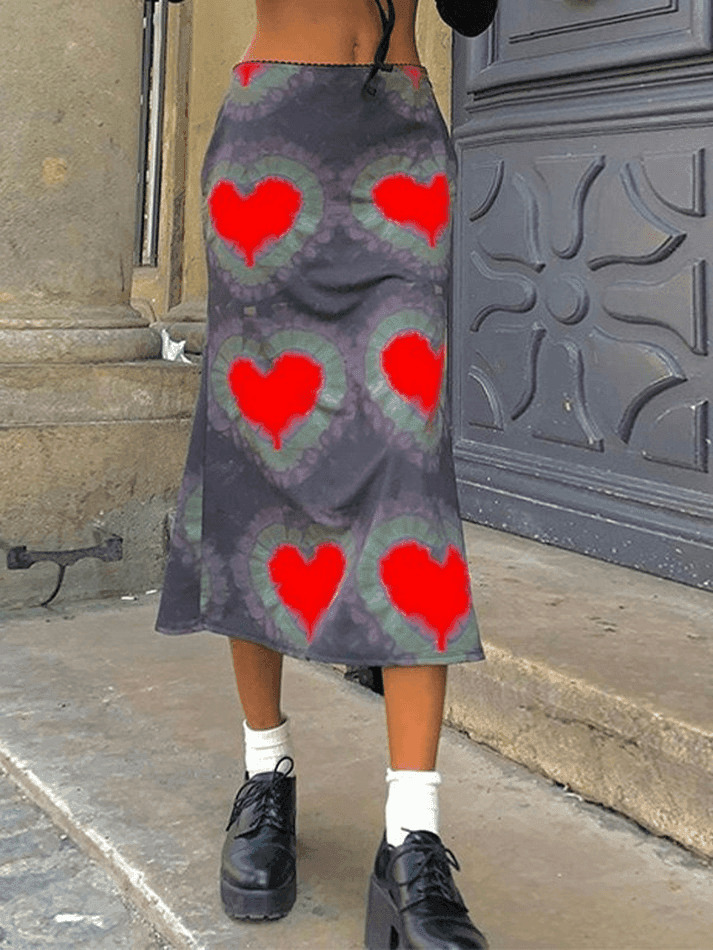 Y2K Tie-Dye Heart Wrap Midi Skirt - Coquette Grunge Aesthetic
