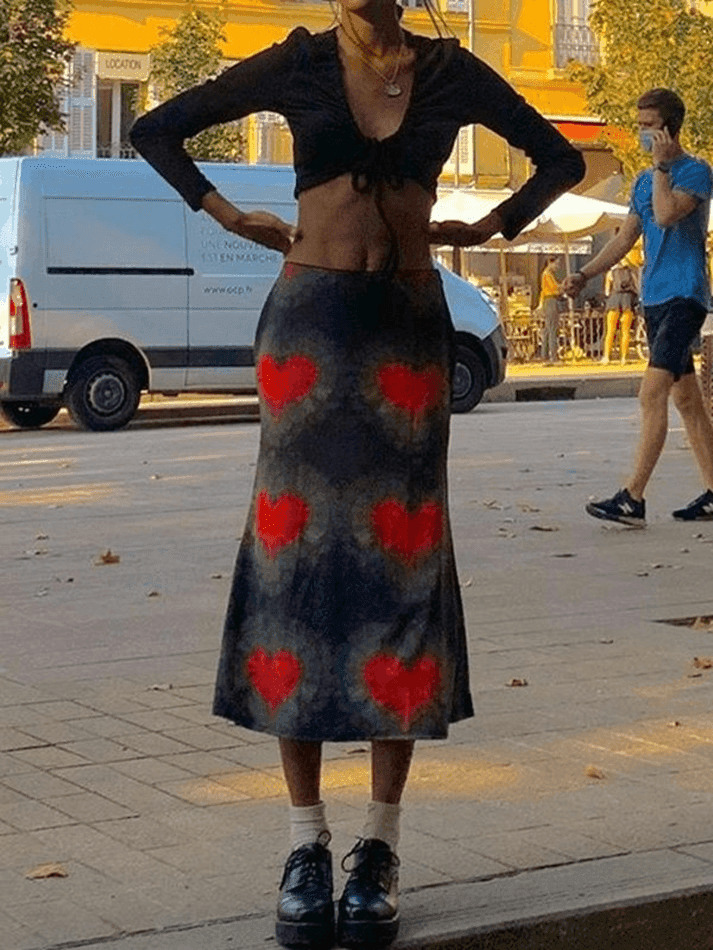 Y2K Tie-Dye Heart Wrap Midi Skirt - Coquette Grunge Aesthetic