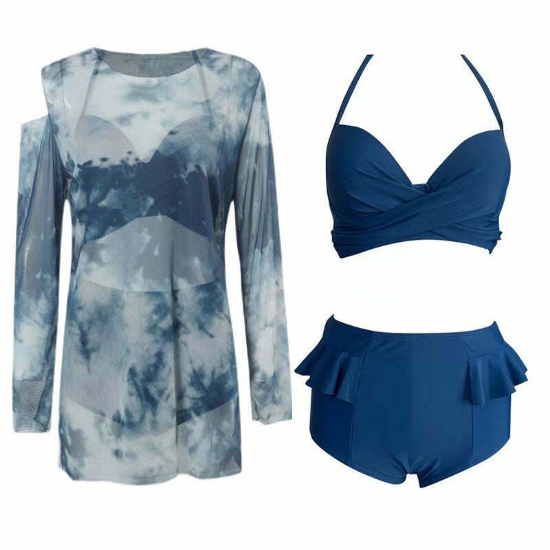 Y2K Tie Dye Bikini Swimsuit Set with Mesh Cover Up - Coquette Aesthetic Beachwear