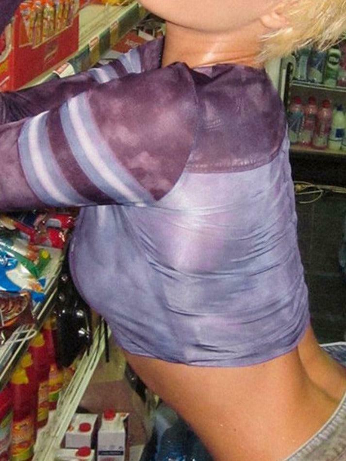 Y2K Tie Dye Splice Print Crop Long Sleeve Tee - Coquette Aesthetic Grunge Style Women's Fashion