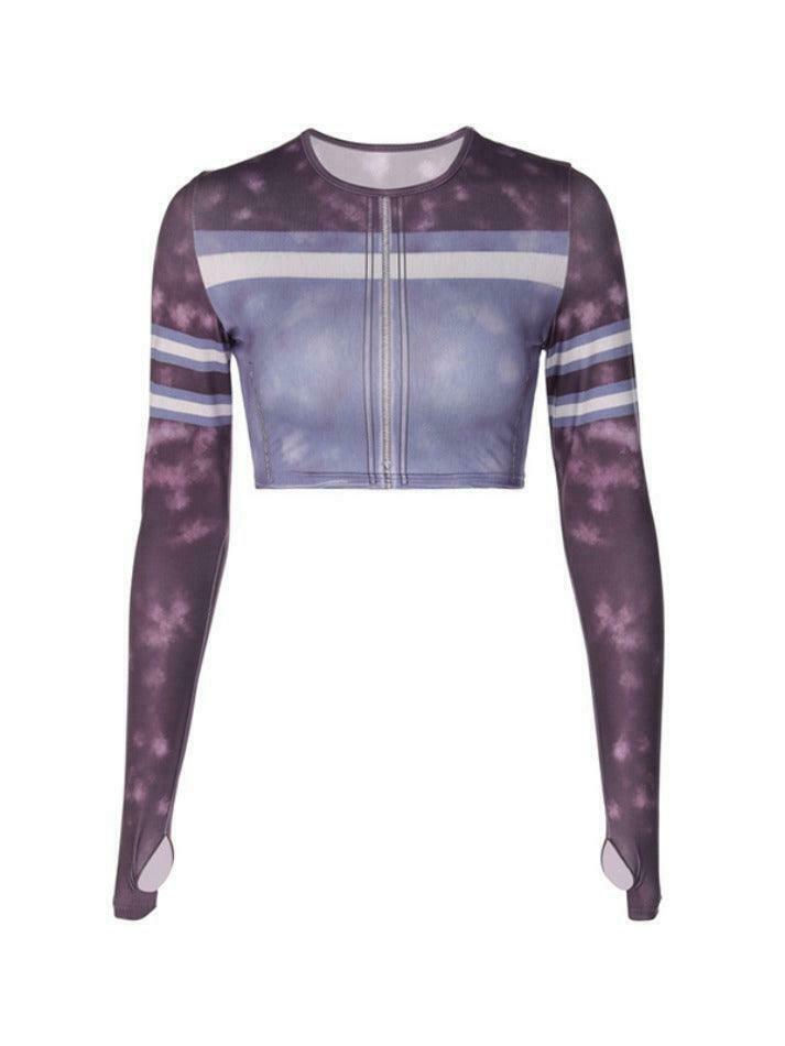Y2K Tie Dye Splice Print Crop Long Sleeve Tee - Coquette Aesthetic Grunge Style Women's Fashion