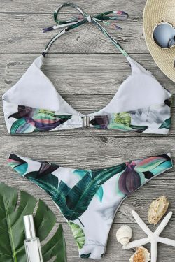 Y2K Tropical Leaf Print Halter Bikini for Women - Coquette Aesthetic Swimwear