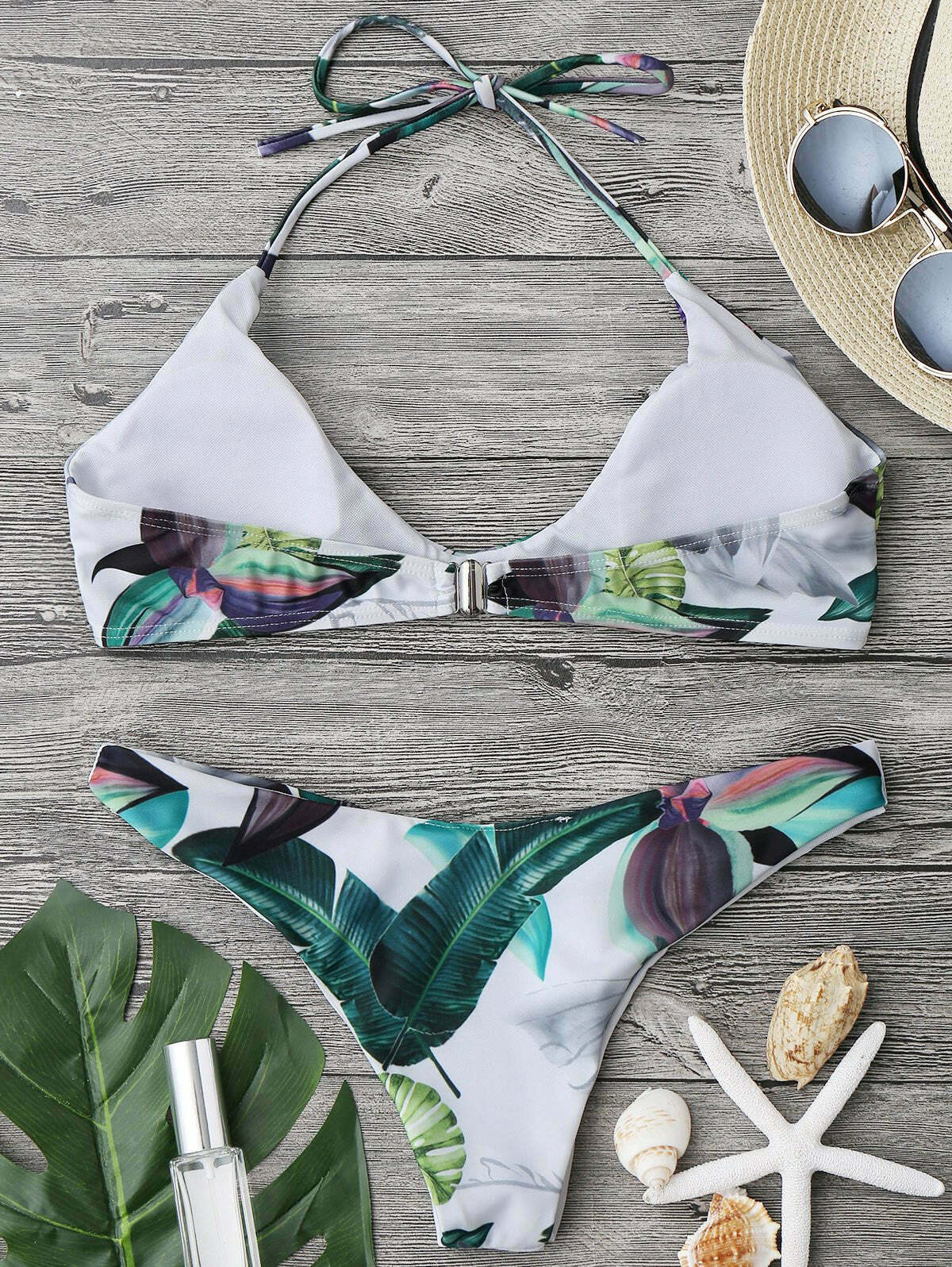 Y2K Tropical Leaf Print Halter Bikini for Women - Coquette Aesthetic Swimwear