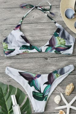Y2K Tropical Leaf Print Halter Bikini for Women - Coquette Aesthetic Swimwear