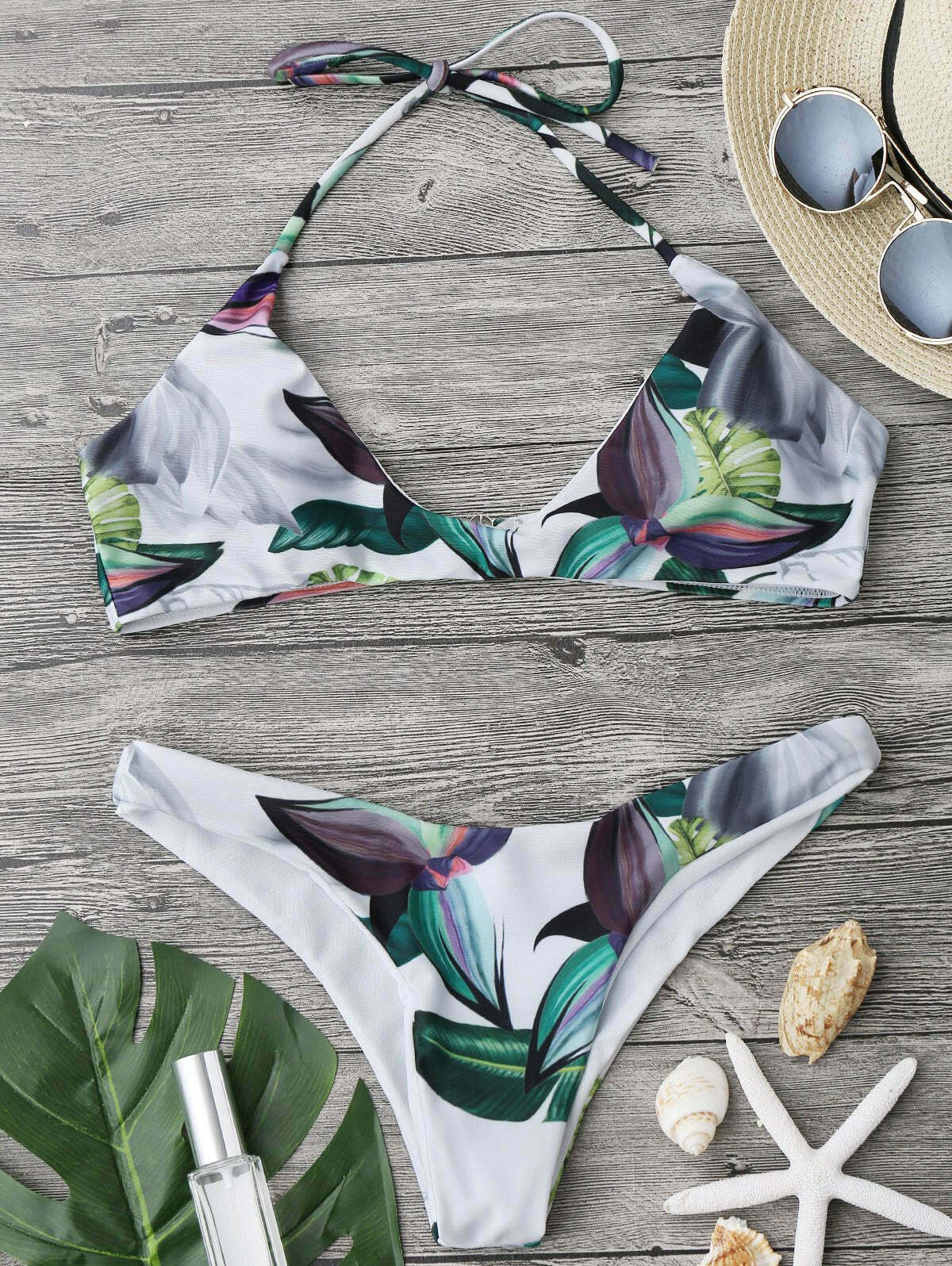 Y2K Tropical Leaf Print Halter Bikini for Women - Coquette Aesthetic Swimwear