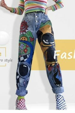 Y2K Vintage Cartoon Print Denim Pants - Coquette Aesthetic Grunge Style Cargo Skirt Women Fashion